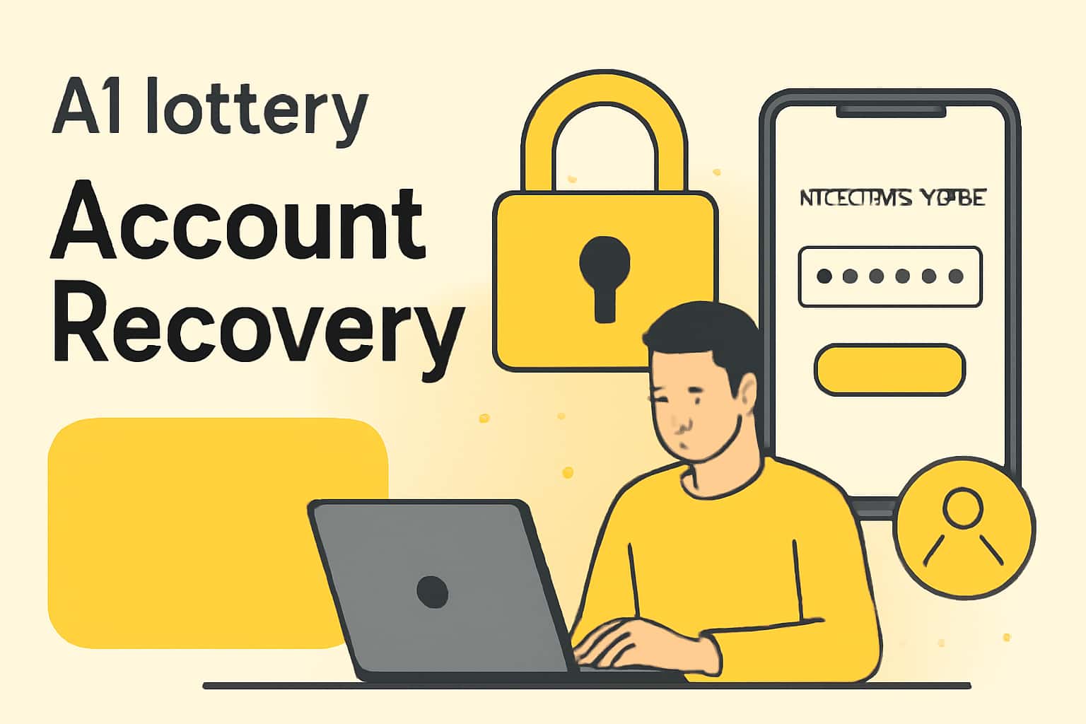 An informational scene showcasing the A1 lottery Account Recovery process with a focus on security and support.